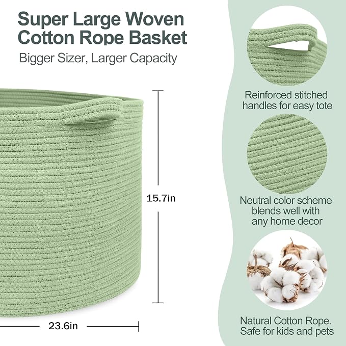 115L Oversized Green Basket, 23.6"x15.7" Woven Cotton Rope Bin for Blankets, Nursery Wicker Laundry Hamper, Kids Toy Storage Bin, Sage Green Living Room Bedroom Decor Baskets for Organizing