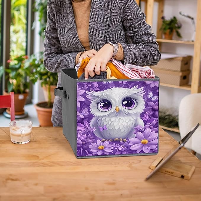 Owl & Floral Foldable Storage Bins, 10.6" Cube Storage Organizer, Sturdy Oxford Cloth Fabric Baskets for Closet, Shelf, Nursery, Bedroom, Decorative Printed Box for Toys & Clothes
