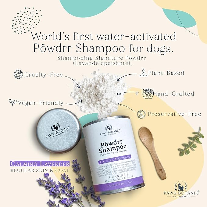 Water-Activated Dog Shampoo, Powder Shampoo for Dogs, Regular Skin & Coat, 3.5 oz with Bamboo Spoon (Calming Lavender)