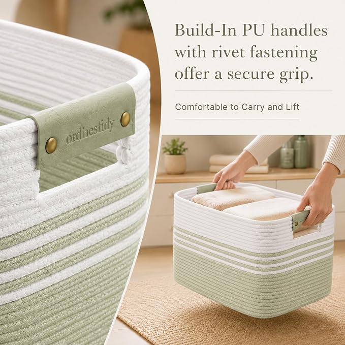 15.4GAL Woven Laundry Basket for Kids, Cute Boho Square storage basket for Living Room Decor, Baby Girls Boys Toys Stuffed Animal Decorative Short Hamper for Dirty Clothes, Bath Towel White Green