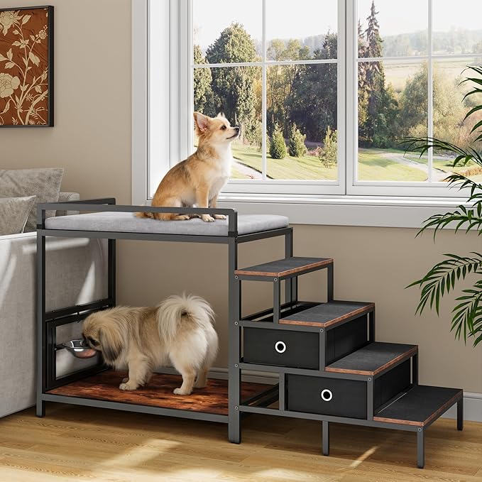kepptory Dog Window Perch with 360° & Adjustable Raised Feeder, Pet Stairs Ramp with Stairs and Storage, Pet Bunk Bed with Small Pet Step