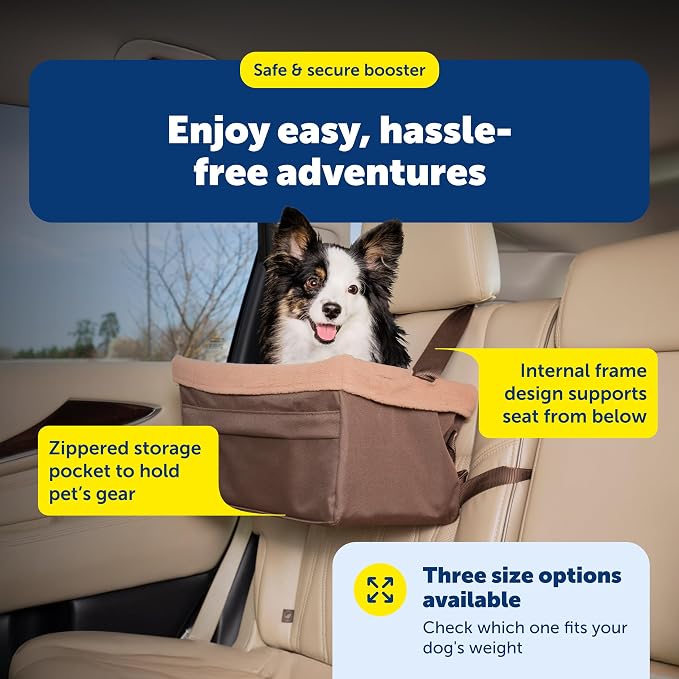 PetSafe Happy Ride Dog Booster Seat, Brown, Up to 18 lb | Raises Small Dogs to Window Height In Most Cars, Connects to Seatbelt with Safety Tether, Fleece Liner Is Machine Washable
