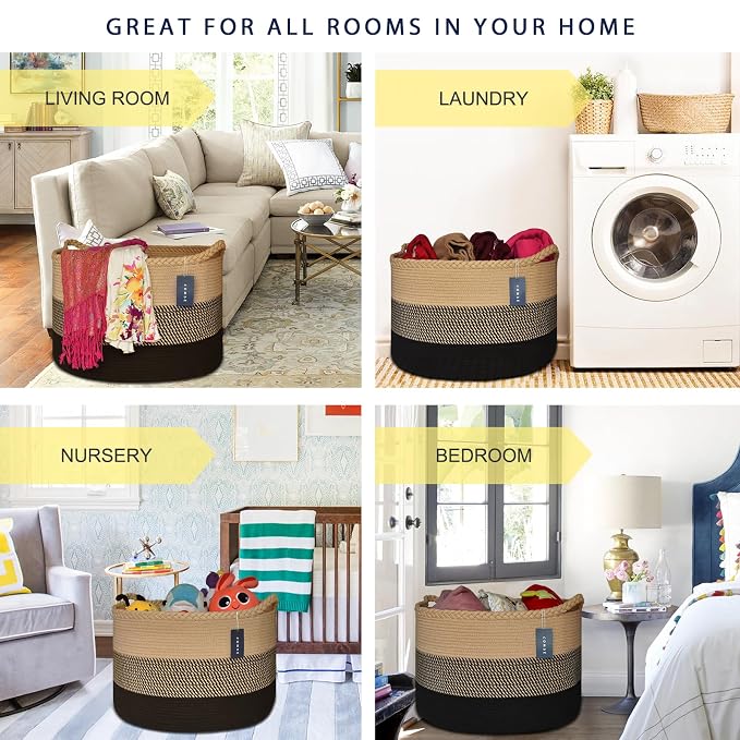 COMSE XXXLarge Woven Blanket & Laundry Basket, 87L, Brown & Black | 21.7" x 13.8", Cotton Rope, Nursery Hamper for Storage of Toys Clothes Towels, Ideal for Living Room Bedroom Bathroom