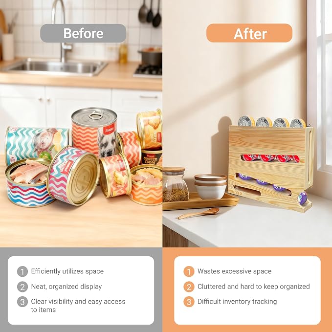 Wood Cat Food Can Organizer, 3-Tier Stackable FIFO Pantry Organizer, Holds 21(3oz) Cans, Upgraded Wall-Mounted Pet Food Can Container for Kitchen Cabinet & Countertop（No Installation Required）