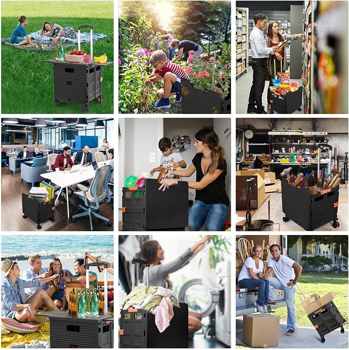 Foldable Utility Cart Collapsible Portable Crate Rolling Carts with Wheels Tote Basket with Magnetic Lid Telescopic Cover Wear-Resistant 360°Rotate Wheel Noiseless for Shopping Storage Office Use