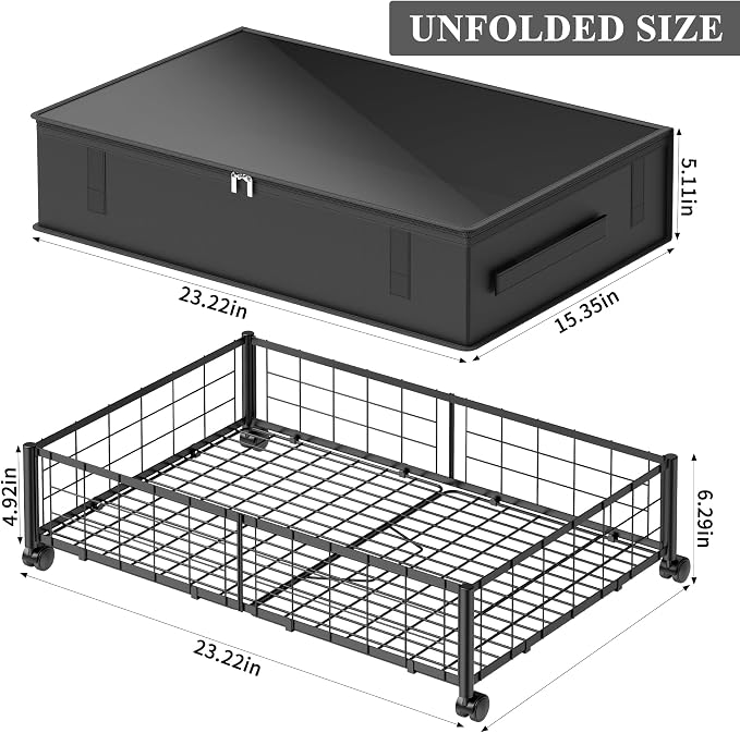Hleelomi Under Bed Storage with Wheels and Storage Bag, 360° Rolling Under Bed Metal Drawers for Clothes, Blankets, Books and Shoes,Black， 2pack