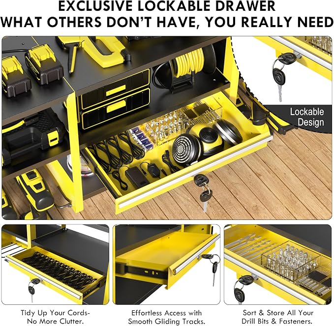 KSVO Large Power Tool Organizer Wall Mount with Locking Drawers, Yellow | Grinder Holder, Hammer & Pliers Rack, 6-Outlet Charging Shelf, Heavy-Duty Metal Storage for Garage & Workshop