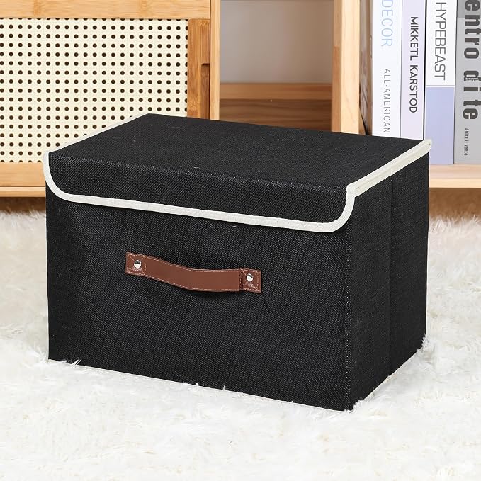 ANMINY Fabric Storage Box Bins with Lids, Black, 15"x10"x10" | Keepsake Memory Storage, Cotton Linen, PP Board Reinforced, Washable, PU Handles, Foldable & Stackable, Decorative, Large