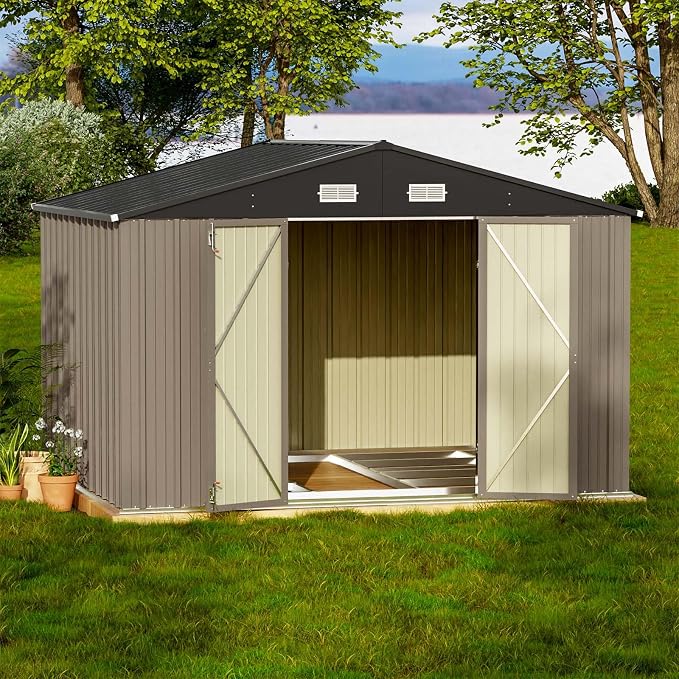 Patiowell 10x8 FT Outdoor Storage Shed with Floor Frame, Brown | Large Garden Tool Metal Shed, Sloping Roof, Double Lockable Door, Outdoor Shed For Backyard Garden Patio Lawn