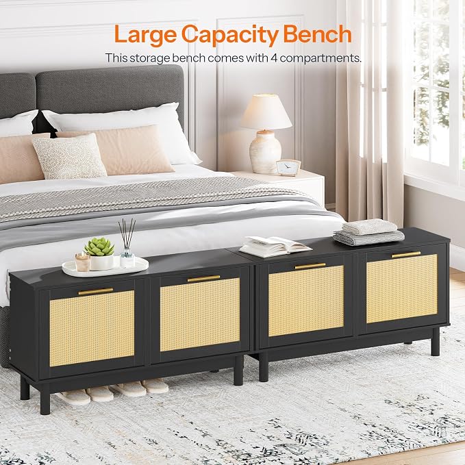 HOOBRO Rattan Shoe Storage Bench with Double Flip Drawers, Narrow Shoe Storage Organizer for Entryway, 11.8" D x 39.4" W x 20.9" H, Hidden Space Saving Wooden Shoe Cabinet for Hallway, Black BN51HX01
