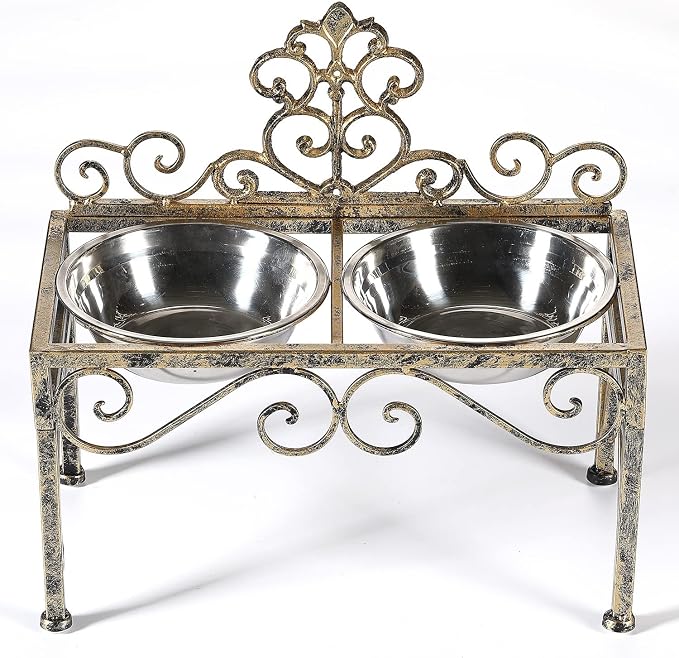 8.78" Height Elevated Dog Bowls for Large Dogs, Metal Raised Dog Feeder | Lifted Dogs Dish Stand with Double Stainless Steel Bowls for Food and Water, Antique Gold Finish Tall Dog Bowl Stand