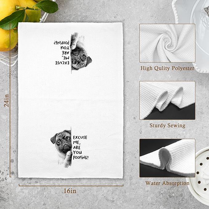Funny Dog Pug Bathroom Towels, Cute Rustic Hand Kitchen Towels Gifts for Dog Pug Lovers, are You Pooping Bar Dish Towel Decor for Dorm Bar Cafe 16x24in