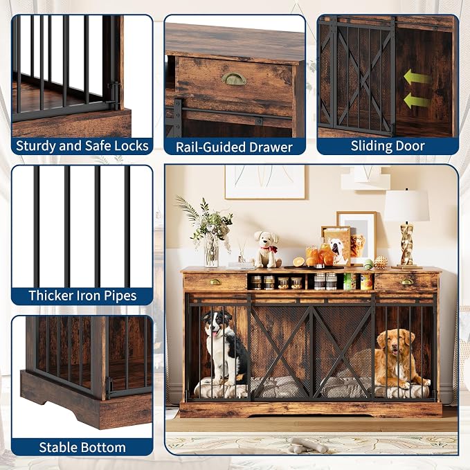 Garvee 63'' Double Dog Crate with Removable Divider | Extra Large Dog Cage Furniture with Sliding Doors & 2 Drawers, Multifunctional Indoor Pet House TV Stand for 2 Pets