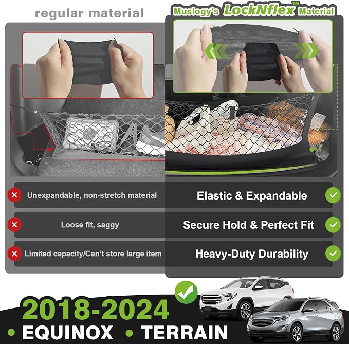 Muslogy Cargo Net for 2018-2024 Chevy Equinox & GMC Terrain Accessories | Custom Fit, Trunk Storage Organizer Net for SUV Sedan Van Divider, with Heavy Duty Carabiners, Night Visible Grab Handle