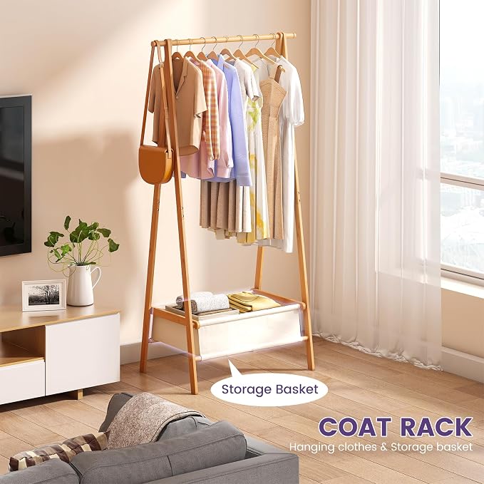 Clothing Rack, Coat Rack Freestanding for Hanging Clothes, Dress up Rack with Storage Basket,Closet Organizer for Hanging Clothes (Tall)
