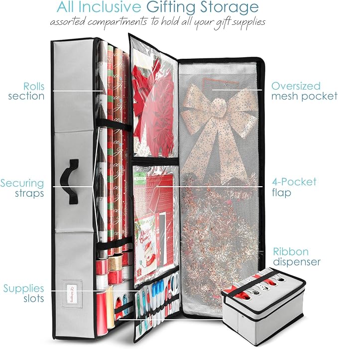 Hearth & Harbor Wrapping Paper Storage Container - Christmas Storage Bag with Ribbon Dispenser and Interior Pockets - Gift Wrap Organizer Fits Up to 26 Rolls of 40" Length, Silver