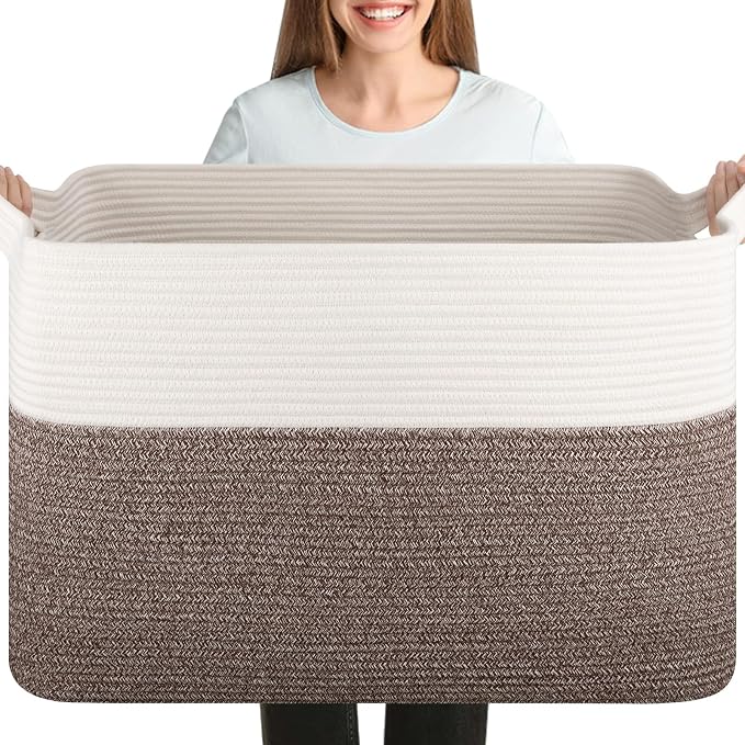 OIASKET 108L Cotton Rope Storage Basket for Living Room and Bedroom 25"x16"x16" Woven Laundry Basket, Heavy Duty Bin for Blankets, Pillows & Toys, Pet-Safe & Scratch-Free, Dark Brown and White