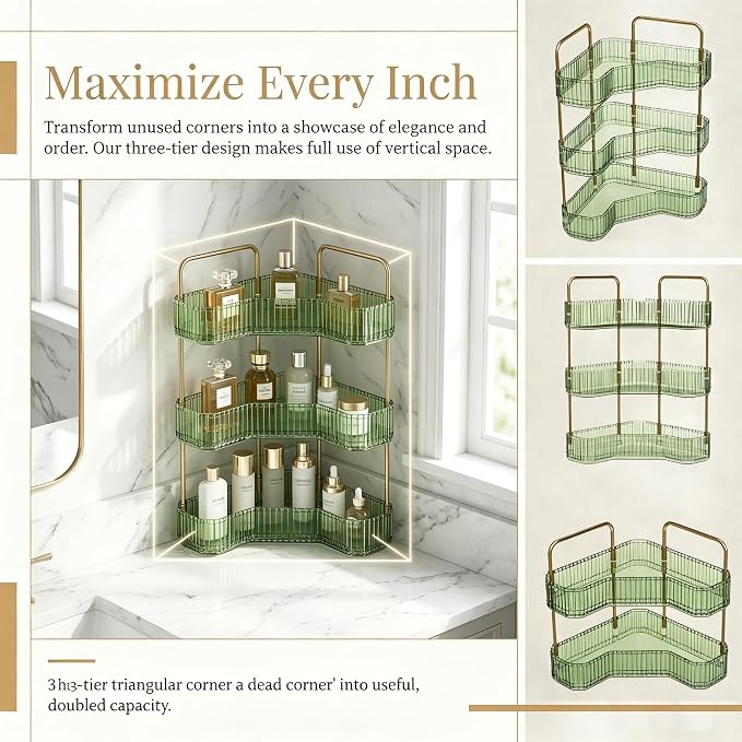 3-Tier Corner Bathroom Organizer, Skincare Vanity Counter Shelf Green | Premium PET Perfume Display Stand with Gold Metal Rods, Space-Saving 90 Degree Storage Rack for Dresser