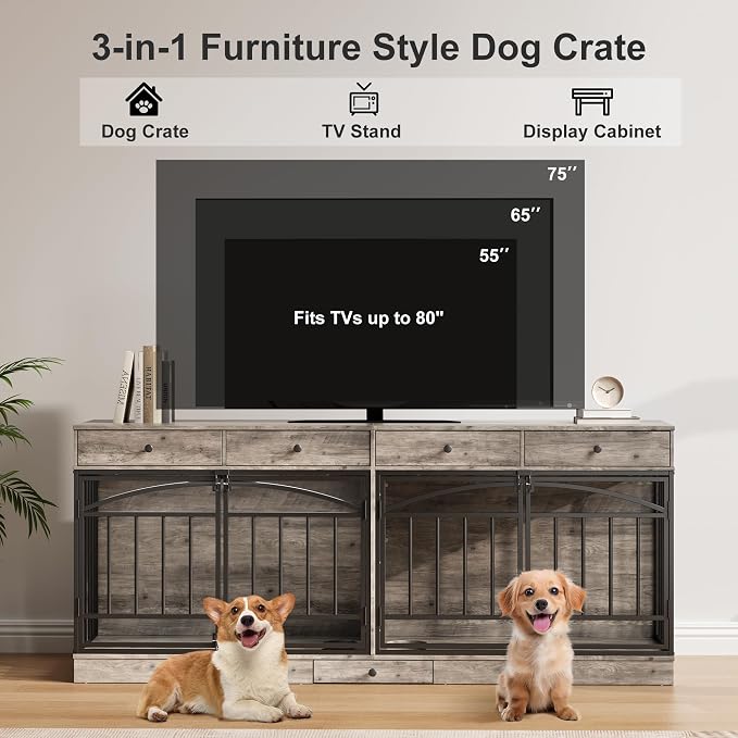 IDEALHOUSE 78.7" Double Dog Crate Furniture with Storage and 4 Doors, Grey | Dog Kennel Indoor with Feeding Bowls, Wood Dog Crate TV Stand for Small Medium Dogs