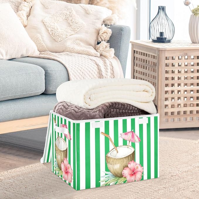 Summer Coconut Fabric Storage Bins with Lid Closet Storage Basket 40L | Foldable & Stackable, Flip Top Dust Guard, Reinforced Handles, Home & Bedroom, Clothes & Toys, Hawaii Print Basket