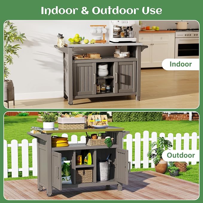 Bifanuo Outdoor Grill Table Grill Cart with Stainless Steel Top & Storage Cabinet for Food Prep and Storage, Portable and Durable with Wheels (Grey)