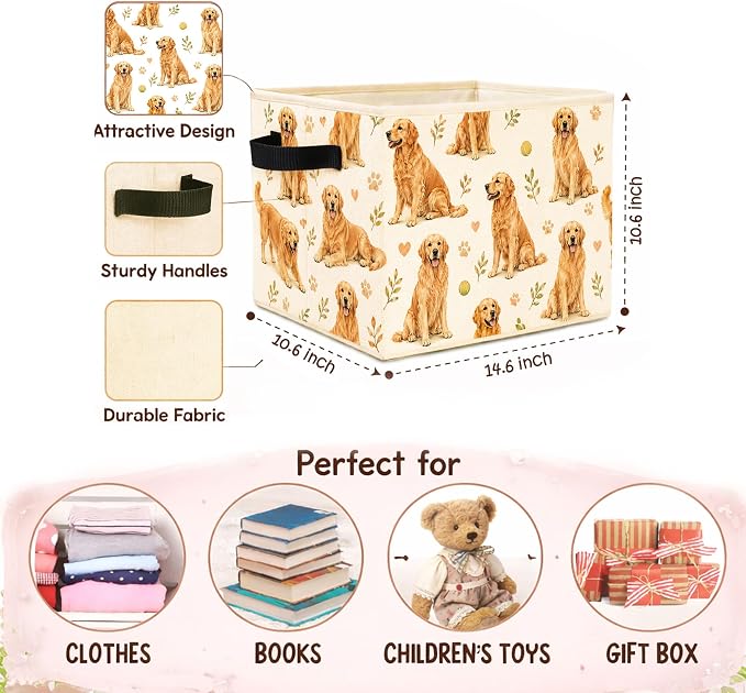 Golden Retriever Storage Bin, Foldable Fabric Organizer Basket | Golden retriever storage bin with dog pattern, tennis ball, leaf and paw details, foldable fabric design.