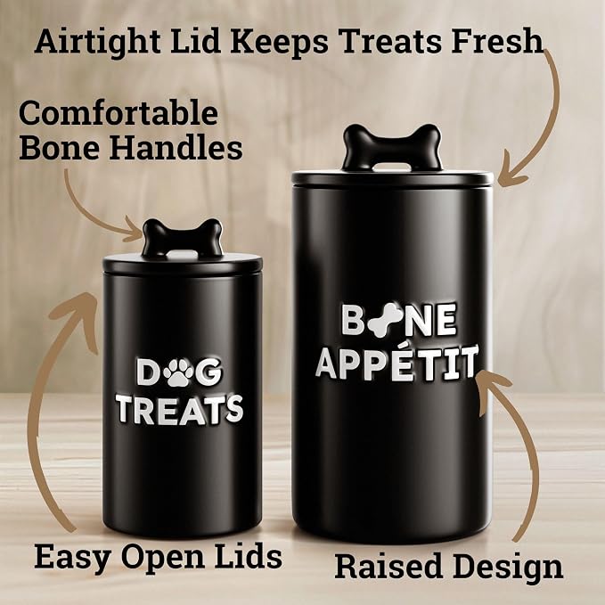 Ceramic Dog Treat Container Airtight Set of 2, 10x5 in & 7x4 in, 11 Cups | Airtight Ceramic Lids, Ceramic Bone Handles, Food Safe, Easy to Wash, Sturdy, Dishwasher Safe, Raised Design, 2-pc Dog Jars