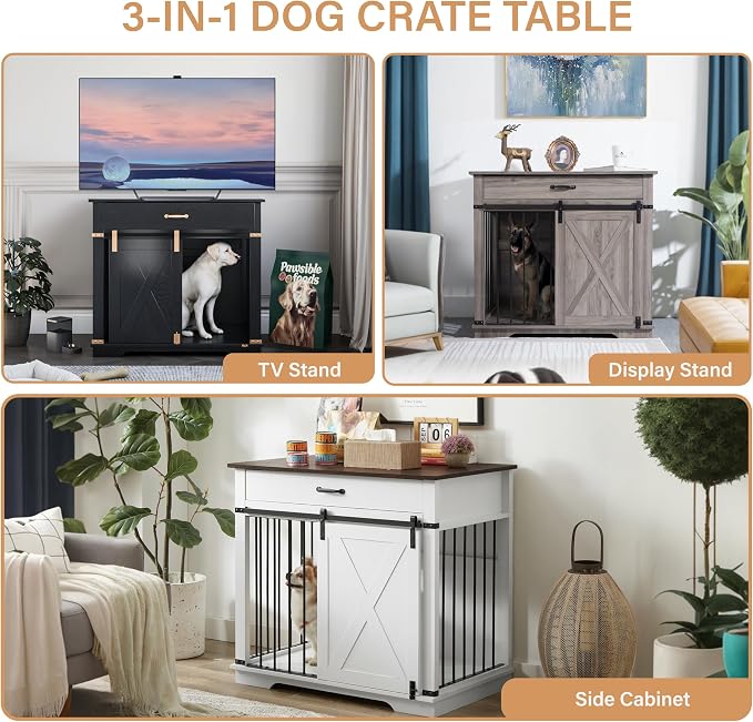 37.8'' Dog Crate Furniture with Storage Drawer, Decorative Wooden Dog Kennel with Sliding Barn Door, Indoor Water Resistant Cage for Pet, Small, Medium, Large Dog (White)