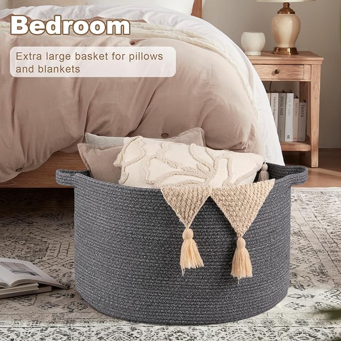 OIASKET Large Woven Baskets for Storage, 23.6" x 23.6" x 14.6" Blanket Storage Living Room, Baby Toy Basket for Clothes, Pillows, Towels, Shoe Basket for Entryway (Dark Grey)
