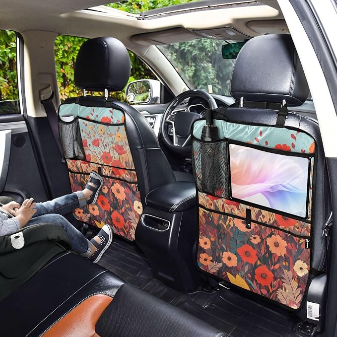 2 Pack Back Seat Car Organizer with Storage Pockets Kick Mats Back Seat Protector Hanging Car Organizer Automotive Seat Back Cover Organizers Autumn Poppy Flowers