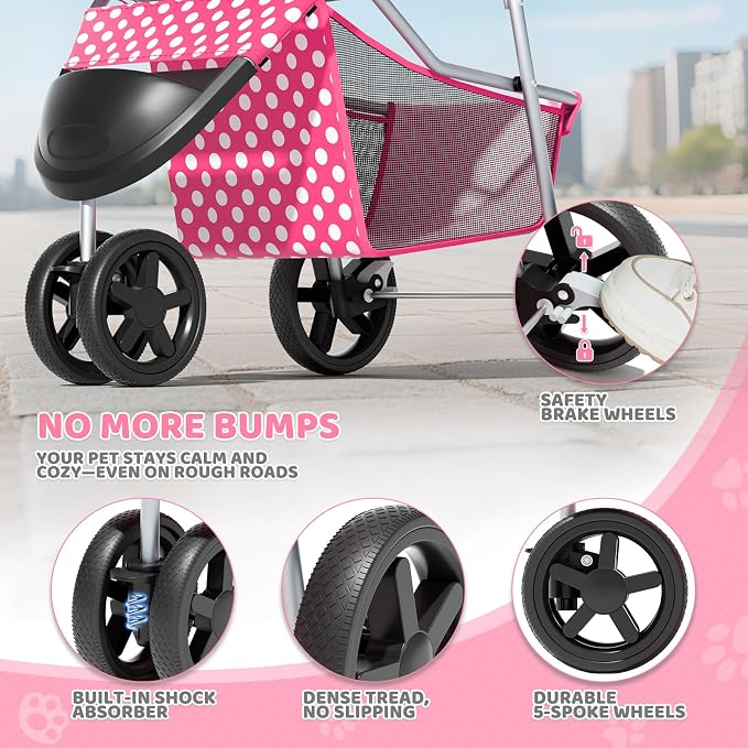 Magshion 3-Wheel Pet Stroller for Small/Medium Dogs & Cats, Up to 33lbs | Foldable Travel Jogger w/ Breathable Mesh Cover, Lightweight Design, Safety Tethers, Cup Holder & Storage Basket