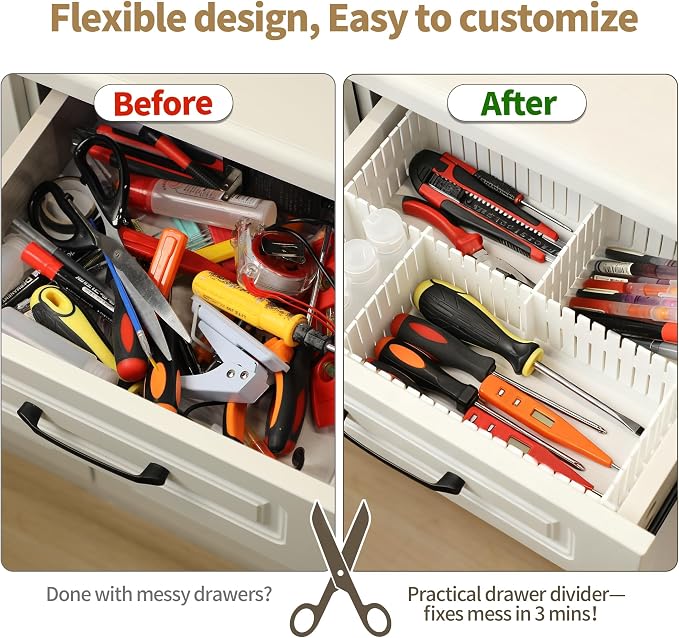 Adjustable Drawer Dividers, Cut-to-Fit DIY Organizers, White, 8 Pack | For Tidying Cutlery, Makeup, Clothes and Dresses in Drawers, Desks and Storage Boxes for Kitchen, Bathroom, Bedroom & Office