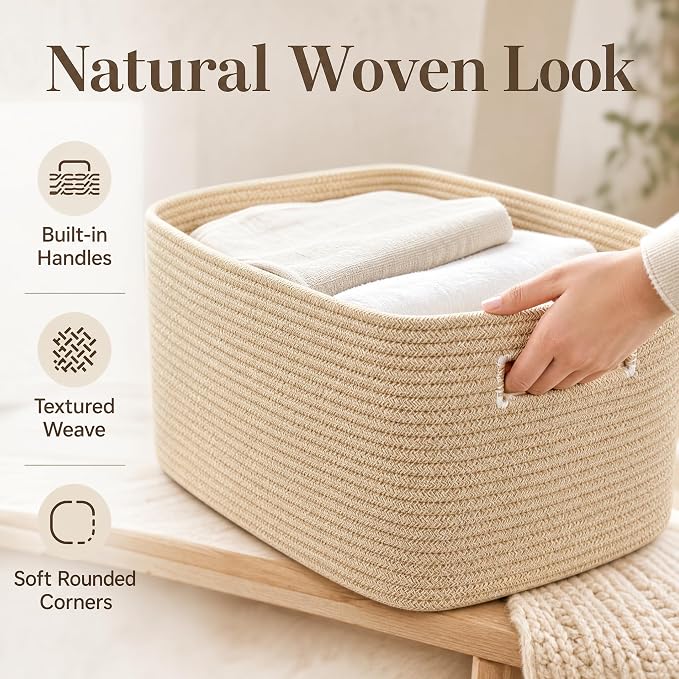 25.4GAL Collapsible Cotton Rope Extra Large Storage Basket For Bedroom Closet, Boho Rectangular Short Hamper Woven Storage Baskets for Living Room Throw Pillows Blankets Dirty Clothes, Oatmeal