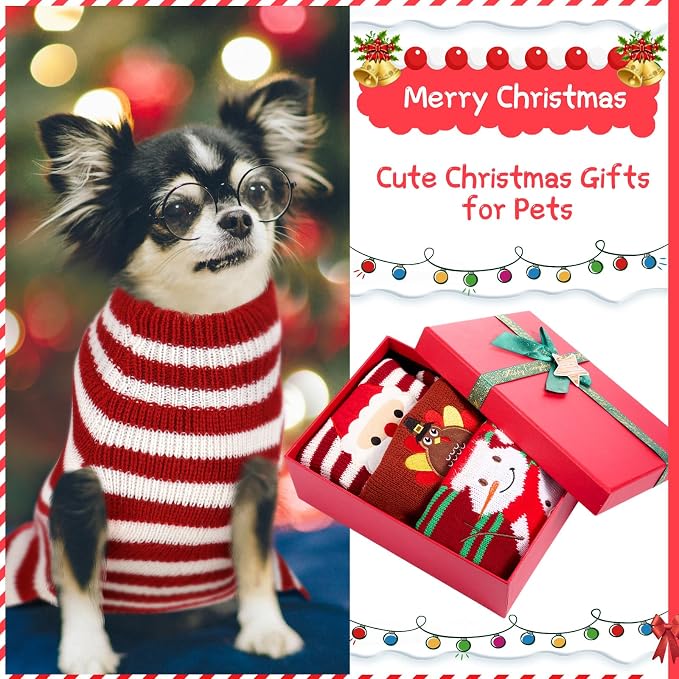 Sanwuta 3 Pcs Thanksgiving Christmas Dog Sweaters Sets, Medium | Turkey,Santa,Snowman Festive Design, Soft Smooth Knit Turtleneck, Warm Holiday Costume for Small Dog and Cat, Party Photoprop