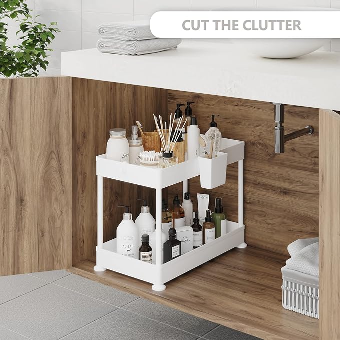 Under Sink Organizers and Storage | Bathroom Cabinet Organizer, Sink Shelf with Utility Hooks and Side Caddy for Under Cabinet Storage | Non Slip Grip Under Kitchen Sink Organizer, White (1-Pack)
