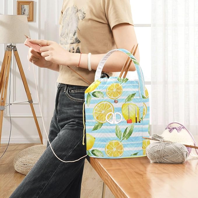 Fustylead Watercolor Lemon on Light Blue Striped Yarn Storage Bag and Knitting Crochet Tote, Large Yarn Drawstring Basket for Crocheting Kit, Project, Sewing Supplies, Needles