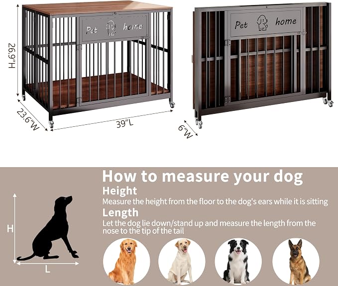 39" Foldable Dog Crate Furniture for Medium Dogs, Walnut | Wooden Construction, RGB Ceiling Lights, Silent Casters, Tabletop as End Table TV Stand