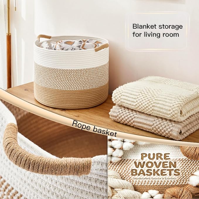 Artfeel 40L Large Cotton Rope Basket, Decorative Woven Blanket Storage for Living Room, Boho Toy Storage & Toy Box for Kids, Versatile Laundry Basket & Nursery Hamper for Blankets(Brown)