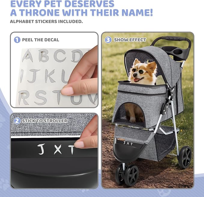 Magshion 3-Wheel Pet Stroller for Small/Medium Dogs & Cats, Up to 33lbs | Foldable Travel Jogger w/ Breathable Mesh Cover, Lightweight Design, Safety Tethers, Cup Holder & Storage Basket