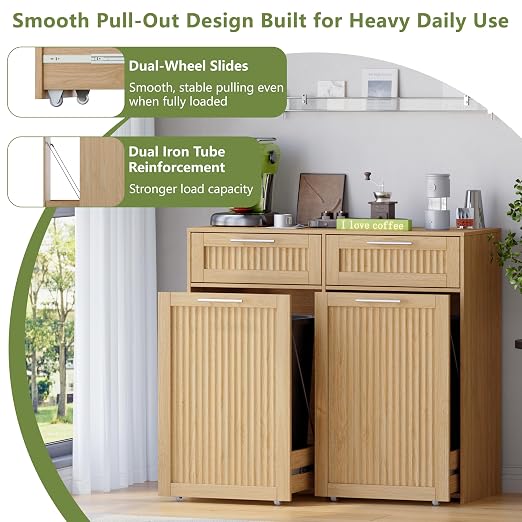 Double 13 Gallon Pull Out Trash Can Cabinet with Drawer, Garbage Cabinet | Pet Proof Hidden Trash Storage, Fluted Farmhouse Design, Space-Saving Kitchen Organizer, Dining Room Storage,Natural Oak