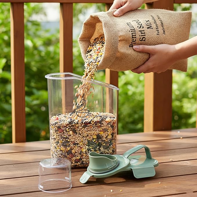 Bird Seed Storage Container Portable-3 Qt/2.8 L Clear Bird Food Container with Spout,Airtight Wild Bird Seed Dispenser for Storing Sunflower Seed|Squirrel proof|BPA Free-Green