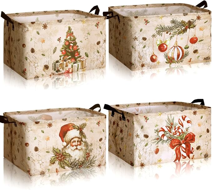 4pcs Christmas Storage Basket Fabric Laundry Baskets with Handle Xmas Foldable Organizer Boxes for Office Home Baby Cloth Toy Book 15 x 10 x 8(Snowman)