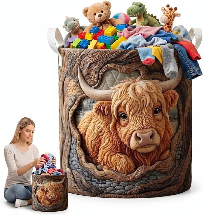 Storage Basket, Farmhouse Quilted Bucket Laundry Hamper Bag, Dirty Clothes Stuff Organizer for Bathroom(20" x 28")