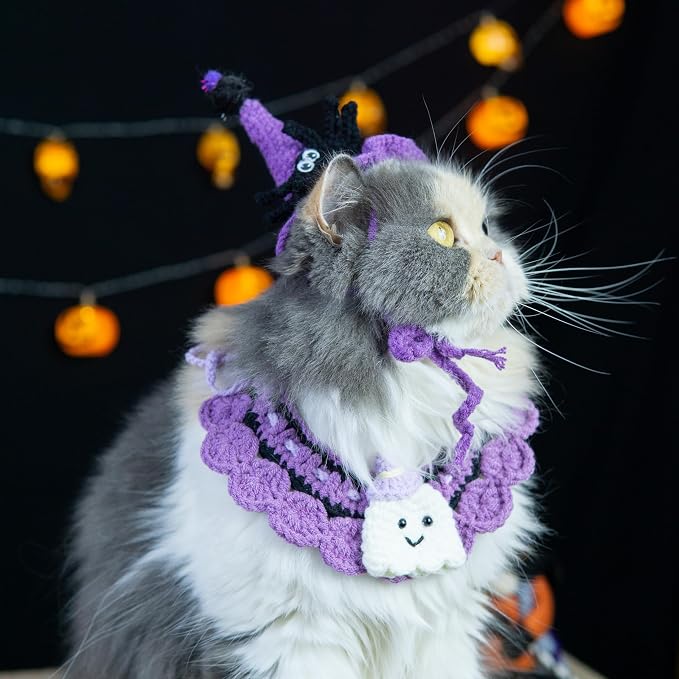 Halloween Cat Costume & Dog Outfit – Handmade Purple Witch Hat & Cute Ghost Cat Clothes, Adjustable Pet Outfit for Rabbits,Cats &Small Dogs, Lightweight & Breathable, Festive Pet Accessories