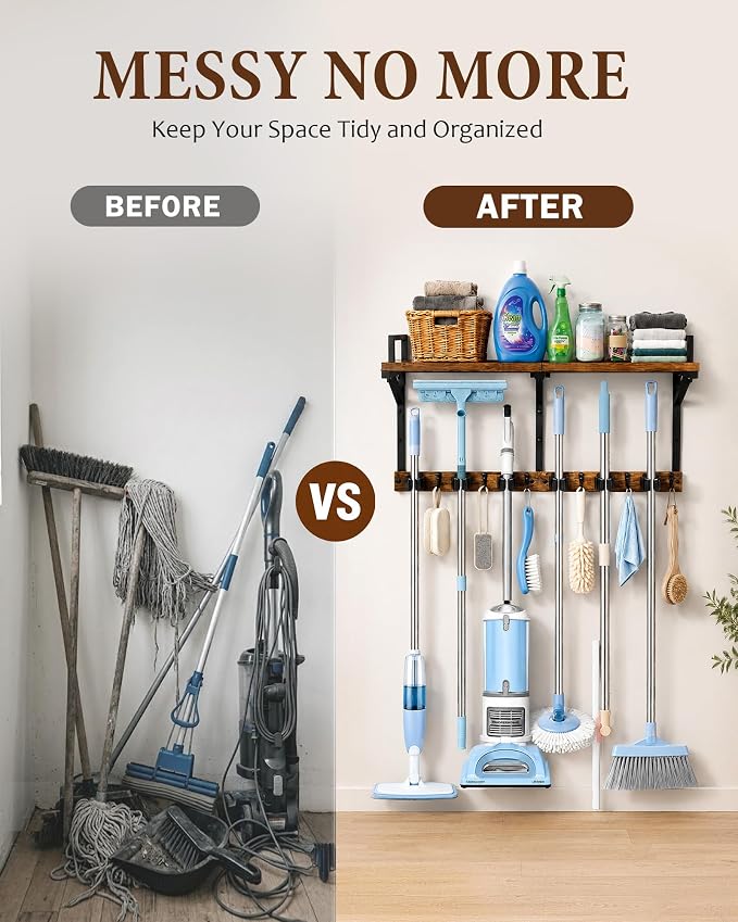 Lorbro Broom Holder Wall Mount with Cleaning Supplies Storage, Heavy Duty | 3 in 1 Broom and Mop Organizer Wall Hanging, Wooden Mop Organizer Hanger, Storage Shelves for Laundry Room, Garage