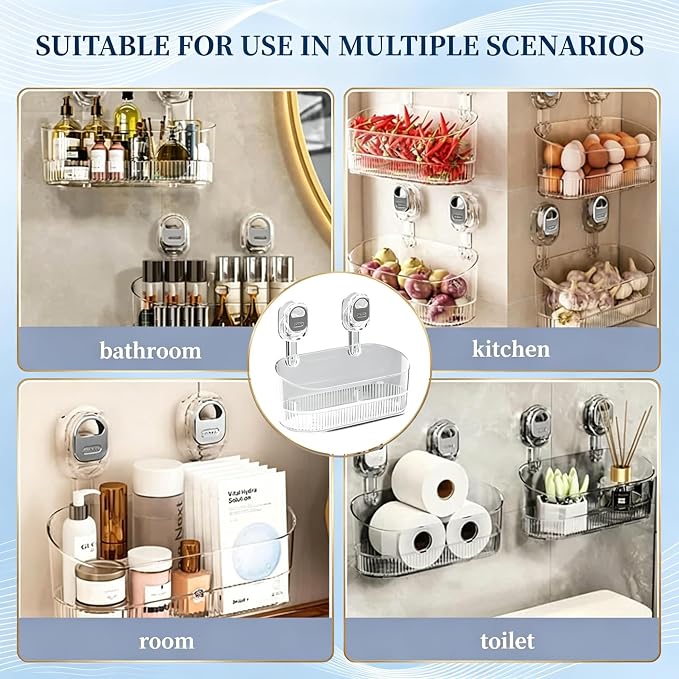 No Drill Clear PET Lock Suction Storage Caddy with Drain Holes | Lockable no-drill suction cups, drain hole PET basket, fits marble, glass, tile & smooth metal walls.