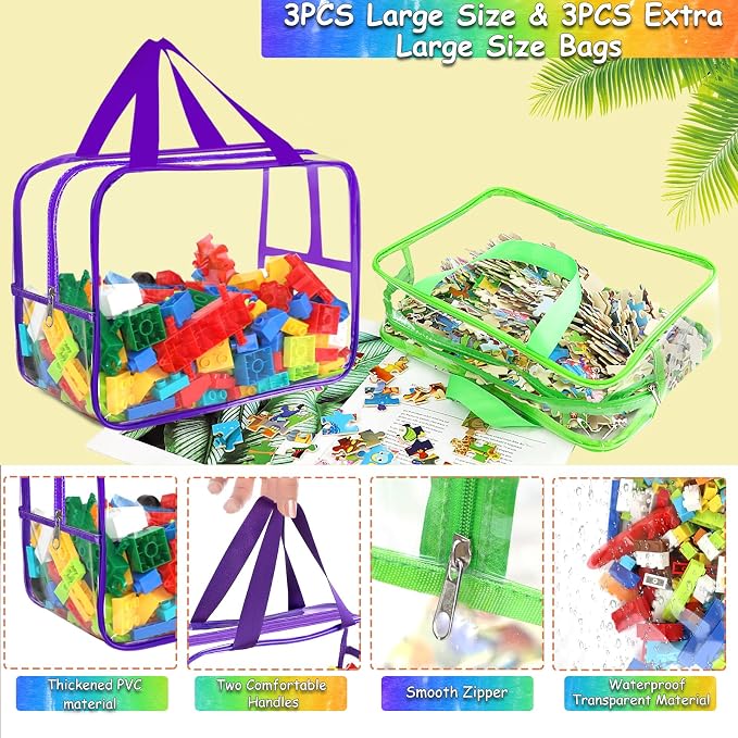 6 Colors L & XL Toy Storage Bags Reusable Clear Toy Organizer with Labels | PVC Waterproof Transparent Organizer Bags with Zipper for Building Blocks, Puzzle, Board Games Travel Storage, Save space