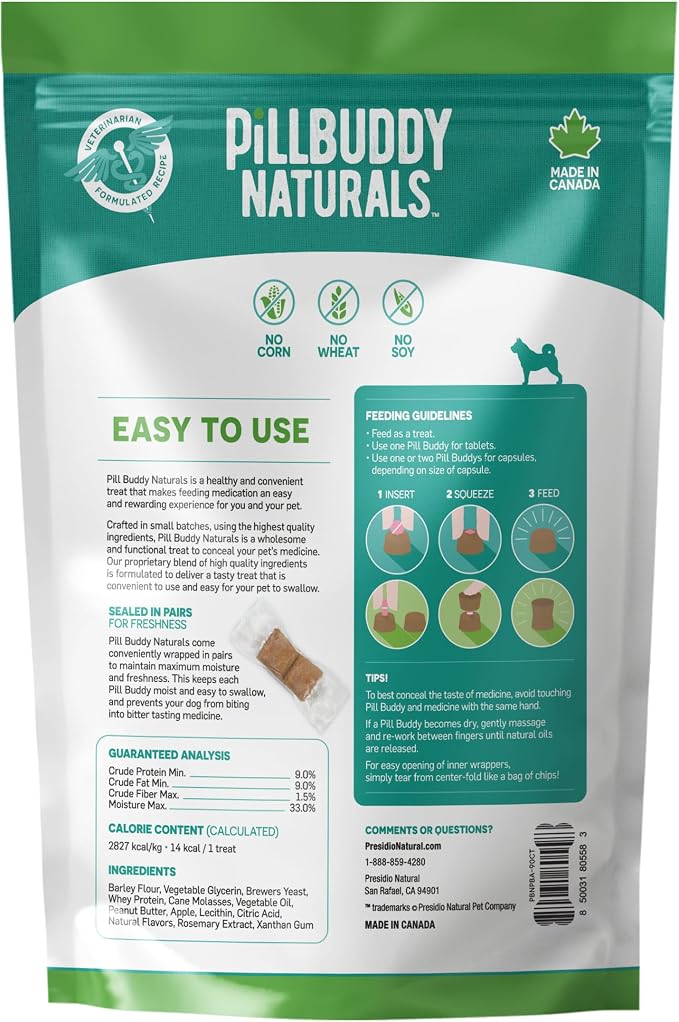 Presidio Earthly Pill Buddy Naturals - PB & Apple Recipe Pill Hiding Treats for Dogs - Make A Perfect Pill Concealing Pocket Or Pouch for Any Size Medication - 90 Servings (Pack of 2)