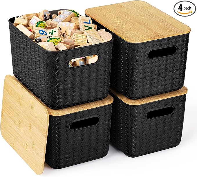 Ohmlove 4 Pack Storage Bins with Bamboo Lids,Stackable Box for Organization | Plastic Storage Containers with Handle, Storages Baskets for Organizing Desktop Closet Playroom Classroom Office, Black