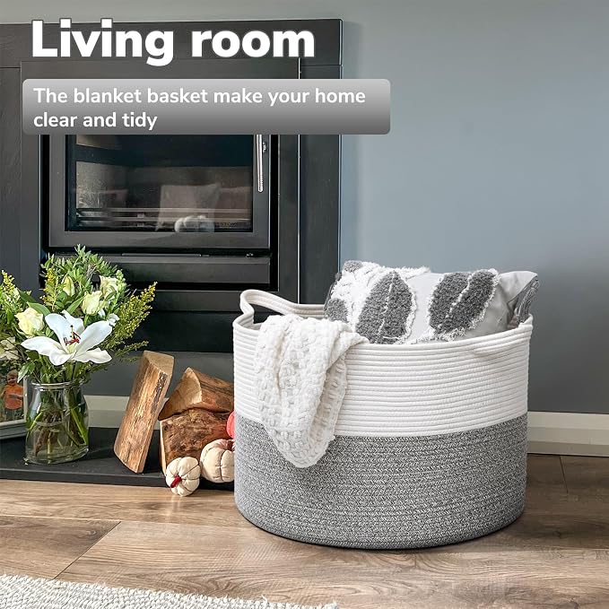 Goodpick Woven Blanket Basket Living Room, Toy Bin for Playroom, 85L | 21.7 x 21.7 x 13.8 In Toy Storage Basket for Nursery, Baby Laundry Hamper for Towels, Clothes, Light & Grey